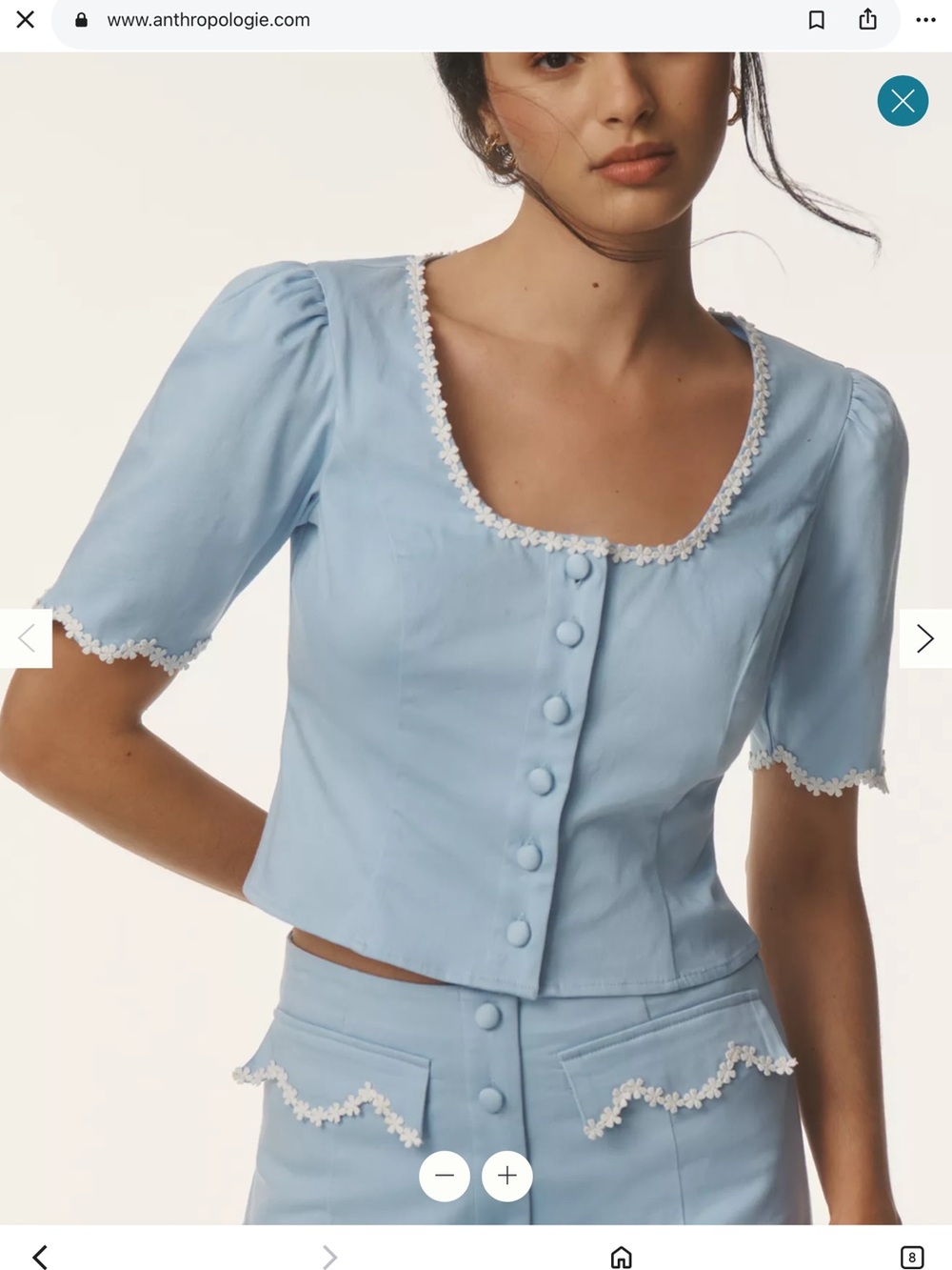 Anthropologie Pale Blue Daisy-Edged Puff Sleeve Button-Front Blouse